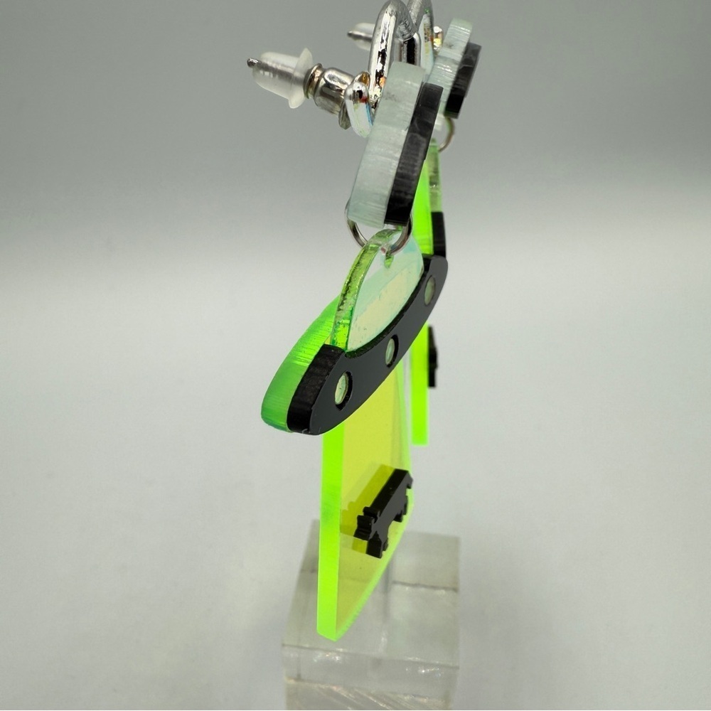 Alien Cow Spaceship Earrings - Neon Green and Black - Pierced - Picture 6 of 8